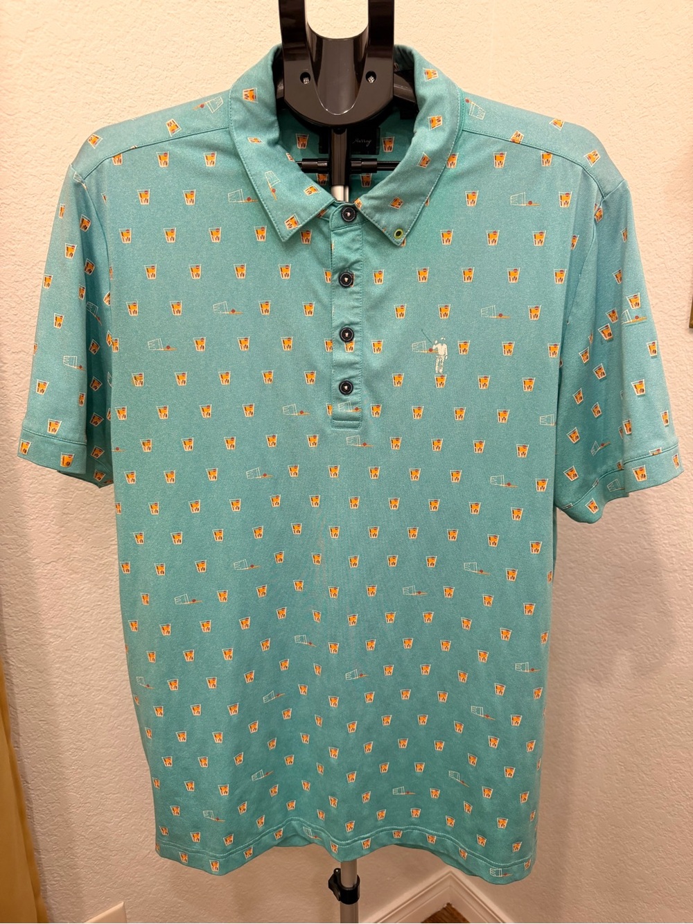 William Murray Golf Teal Button-Down Polo with Orange Accent Drink Print ~ Large